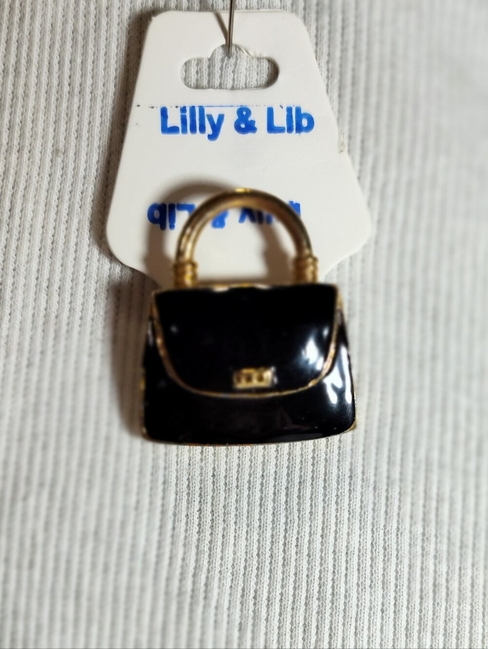 Black Enamel Handbag Pin Brooch with Gold Trim